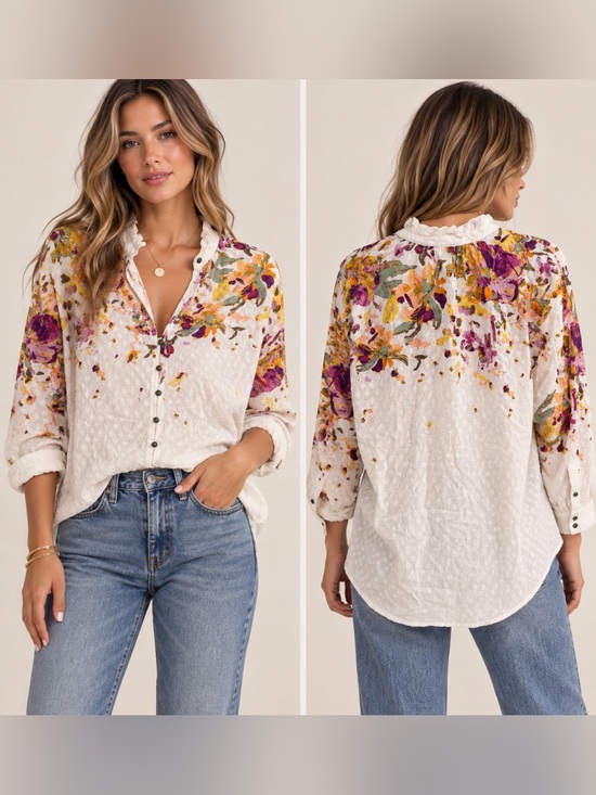 Pilcro Tops - Pilcro Women’s Floral Swiss Dot Button Down Blouse Size S
